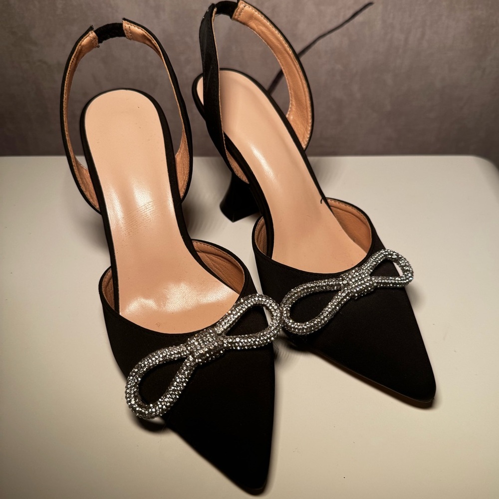 Black and silver bow kitten heels